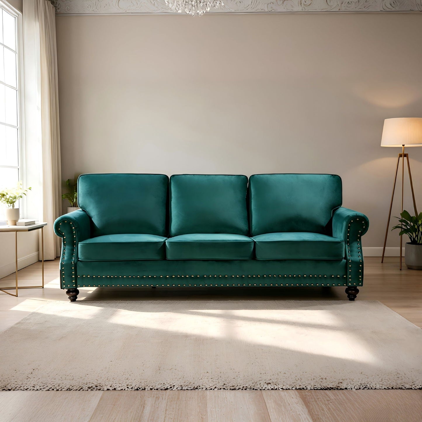 3 Seater Sofa With Nailhead Trim And Turned Legs For Living Room US Pride