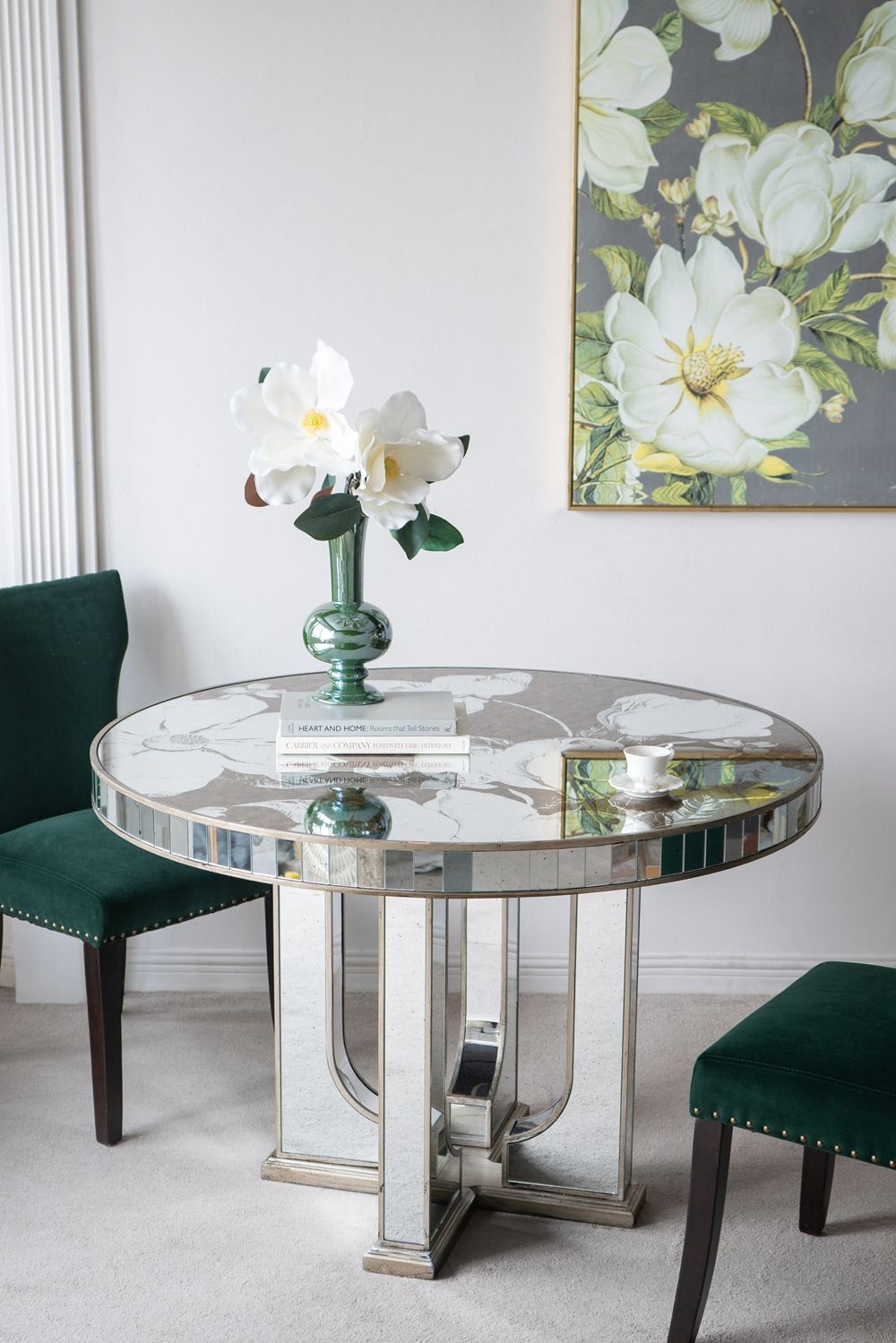 Round Dining Table With Elegant Floral Design And Mirrored - Silver Multi Home Essentials