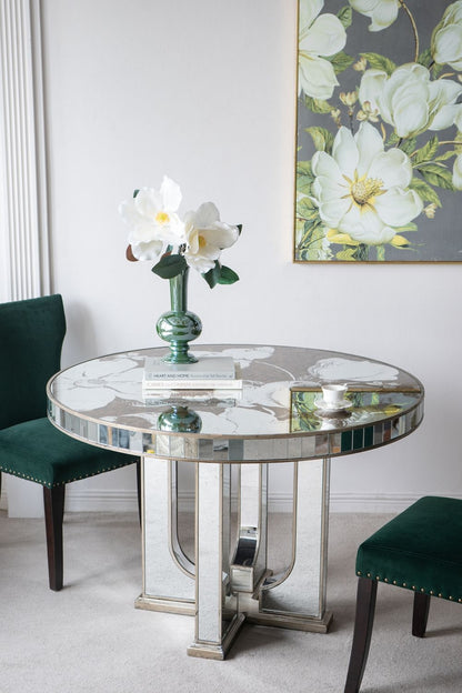 Round Dining Table With Elegant Floral Design And Mirrored - Silver Multi Home Essentials