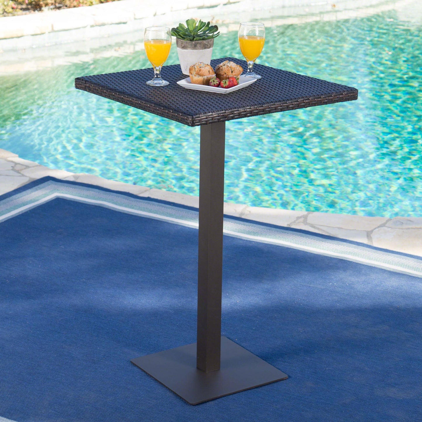 Outdoor Square Rattan Bar Table With Iron Frame - Multi Brown Noble House