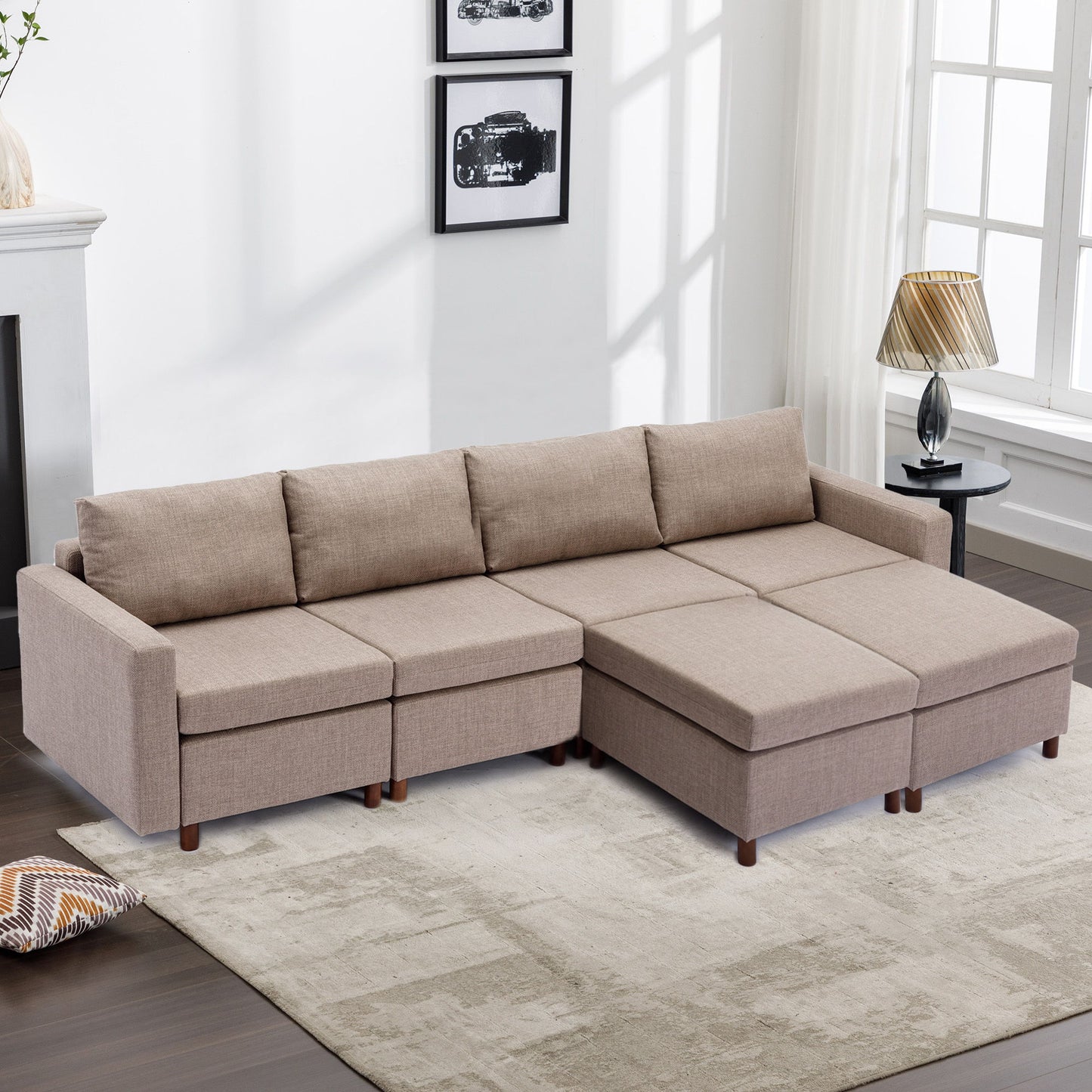 4 Seat Module Sectional Sofa Couch With 2 Ottoman For Living Room, Seat Cushion And Back Cushion Non-Removable And Non-Washable