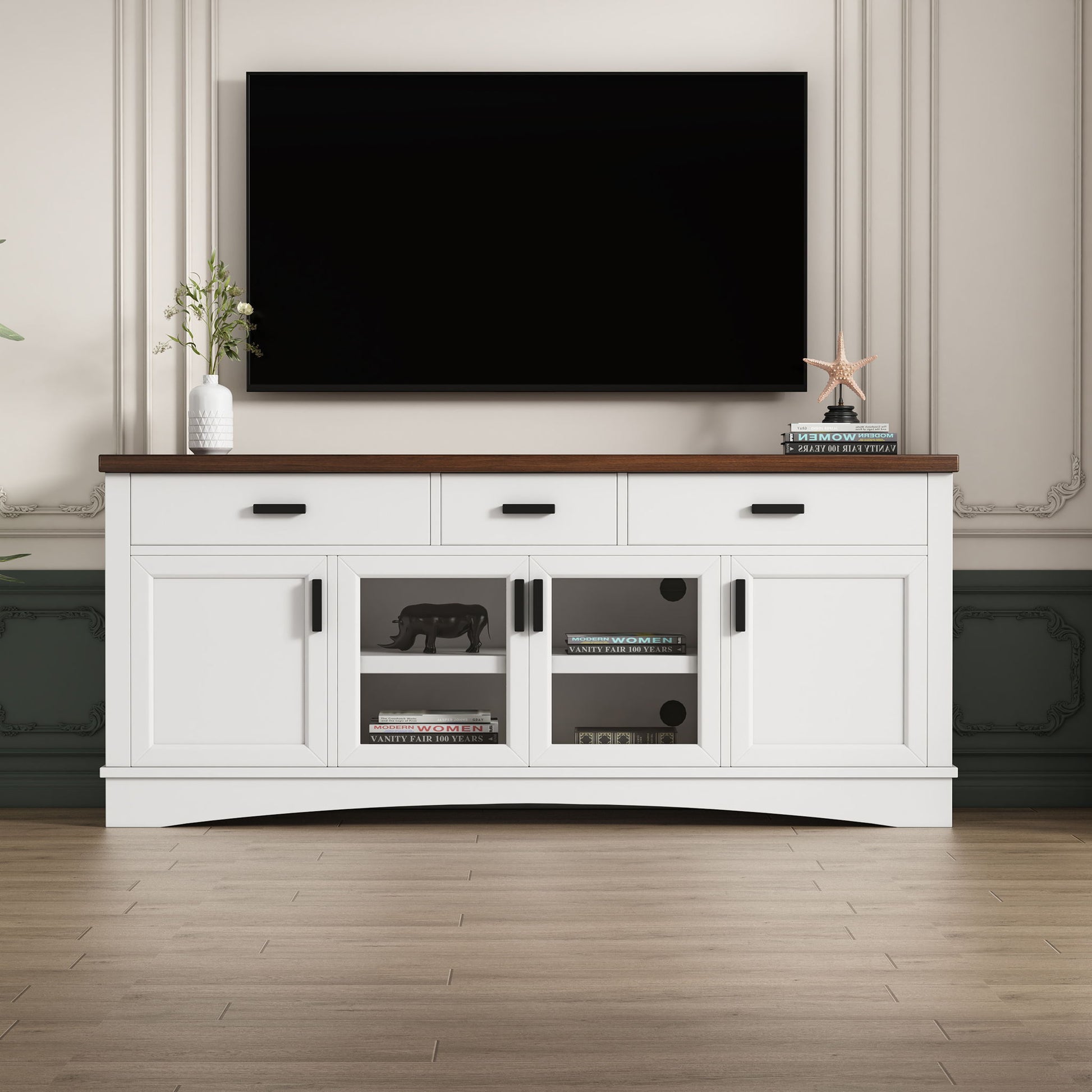 TV Console Stand, Glass Doors & Storage Drawers, Adjustable Shelves Noble House