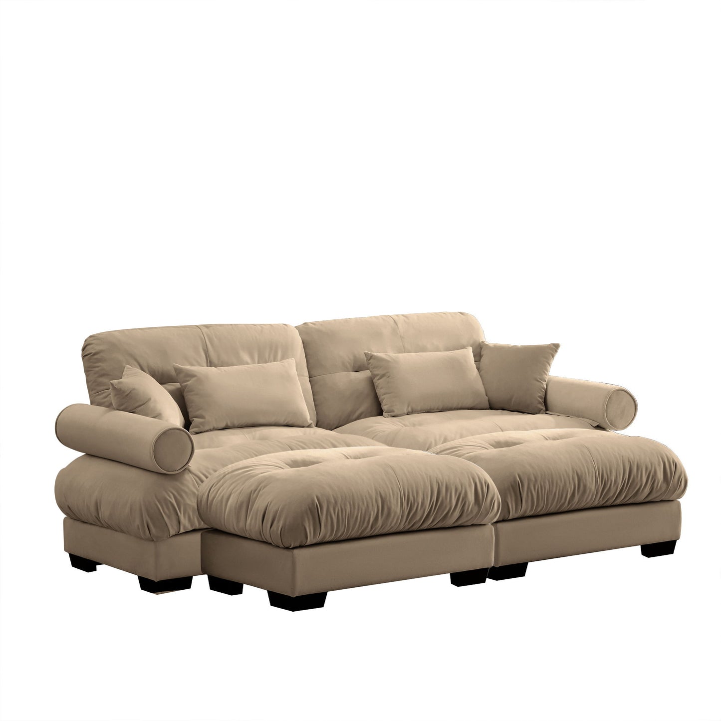 Modern Sectional Sofa With Ottoman, Round Bolster Armrests, Waist And Throw Pillows Home Essentials