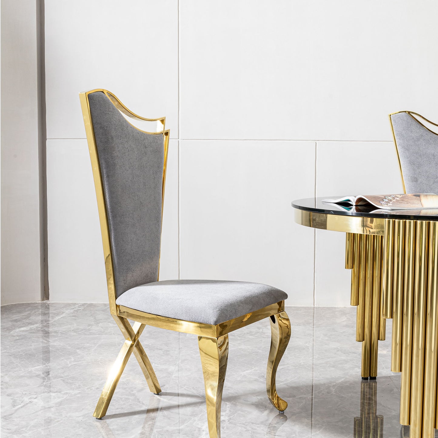 Gorgeous Streamlined High Back Fabric Stainless Steel Dining Chair (Set of 2) - Gold / Gray Home Essentials