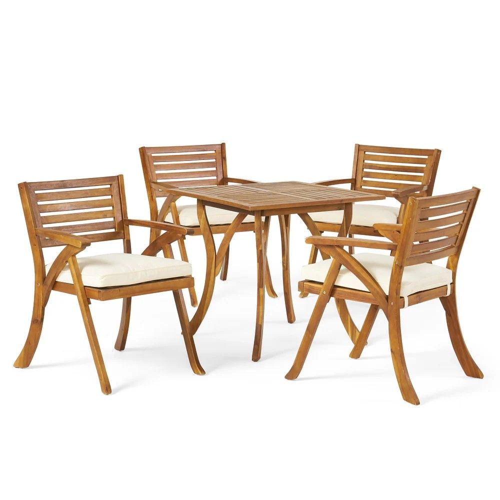 Outdoor Hermosa 5 Piece Wood Dining Set With Cushions - Teak / Beige Noble House