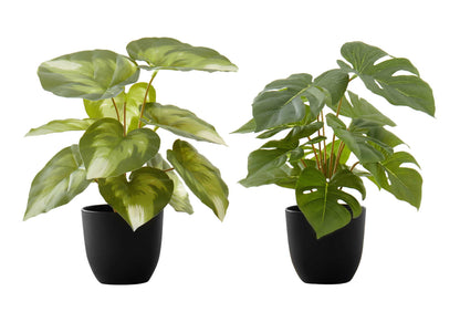 13" Tall, Artificial Plant, Monstera Calthea, Indoor, Faux, Fake, Table, Greenery, Potted, Decorative (Set of 2) - Green / Black 8th Street