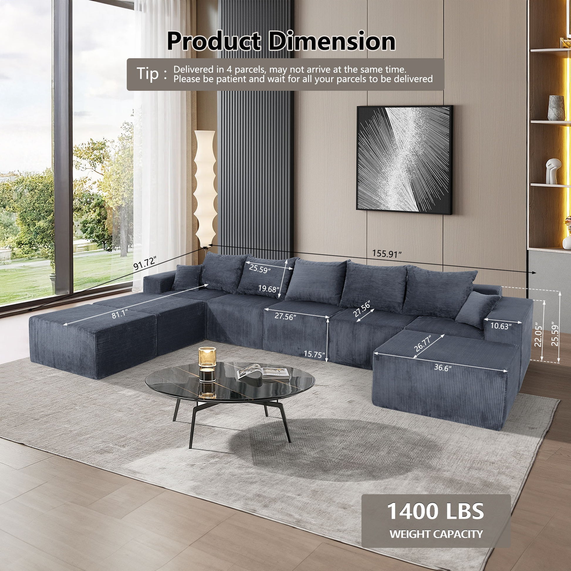 Luxury 8 Piece Modular U Shaped Sectional Sofa With Oversized Chaise Lounge And Bed Corduroy Upholstery Home Essentials