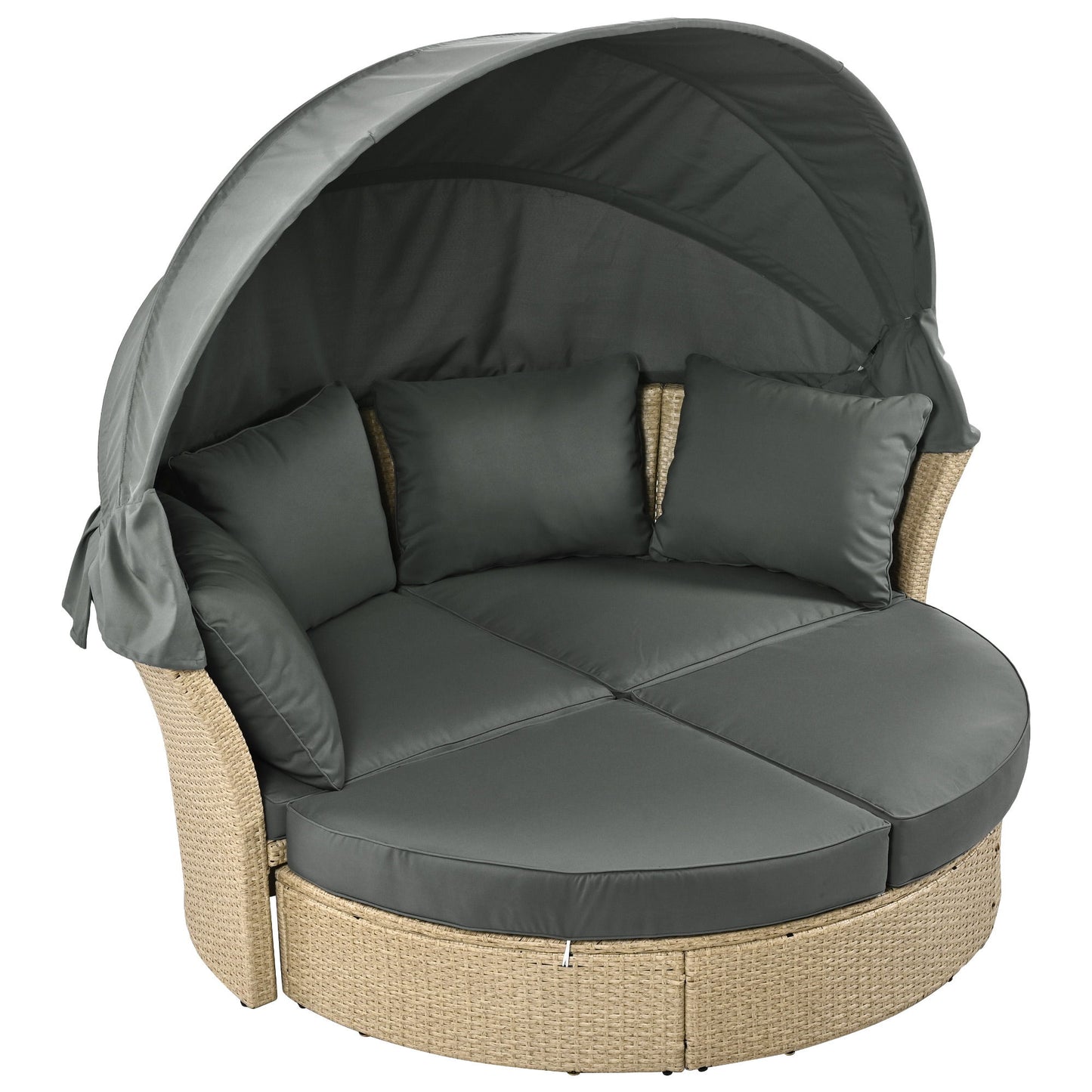 Outdoor Patio Daybed Wicker Rattan Double Daybed Round Sofa Furniture Set With Retractable Canopy, 4 Pillows For Lawn Garden Hearth and Haven