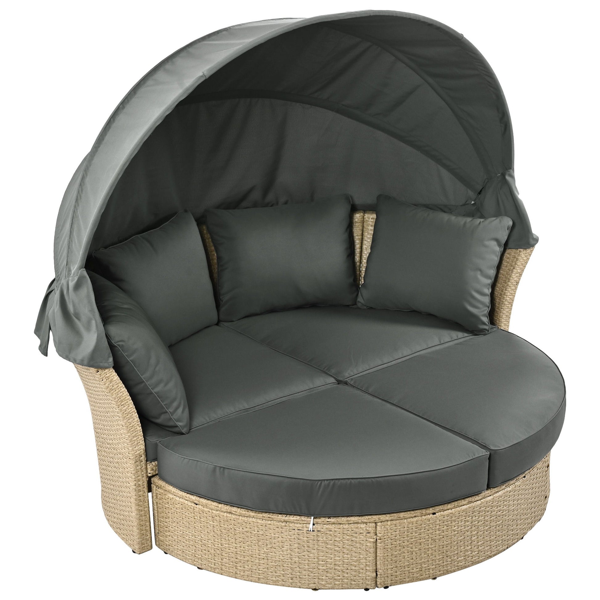 Outdoor Patio Daybed Wicker Rattan Double Daybed Round Sofa Furniture Set With Retractable Canopy, 4 Pillows For Lawn Garden Hearth and Haven