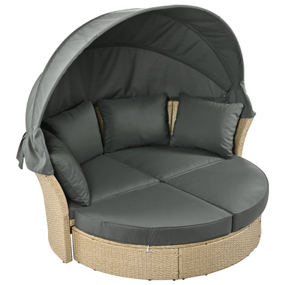 Outdoor Patio Daybed Wicker Rattan Double Daybed Round Sofa Furniture Set With Retractable Canopy, 4 Pillows For Lawn Garden Hearth and Haven