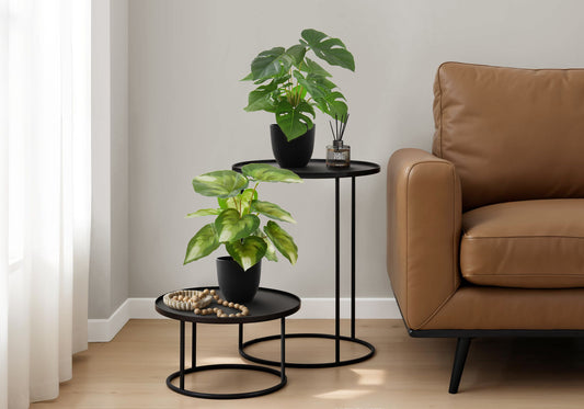 13" Tall, Artificial Plant, Monstera Calthea, Indoor, Faux, Fake, Table, Greenery, Potted, Decorative (Set of 2) - Green / Black 8th Street