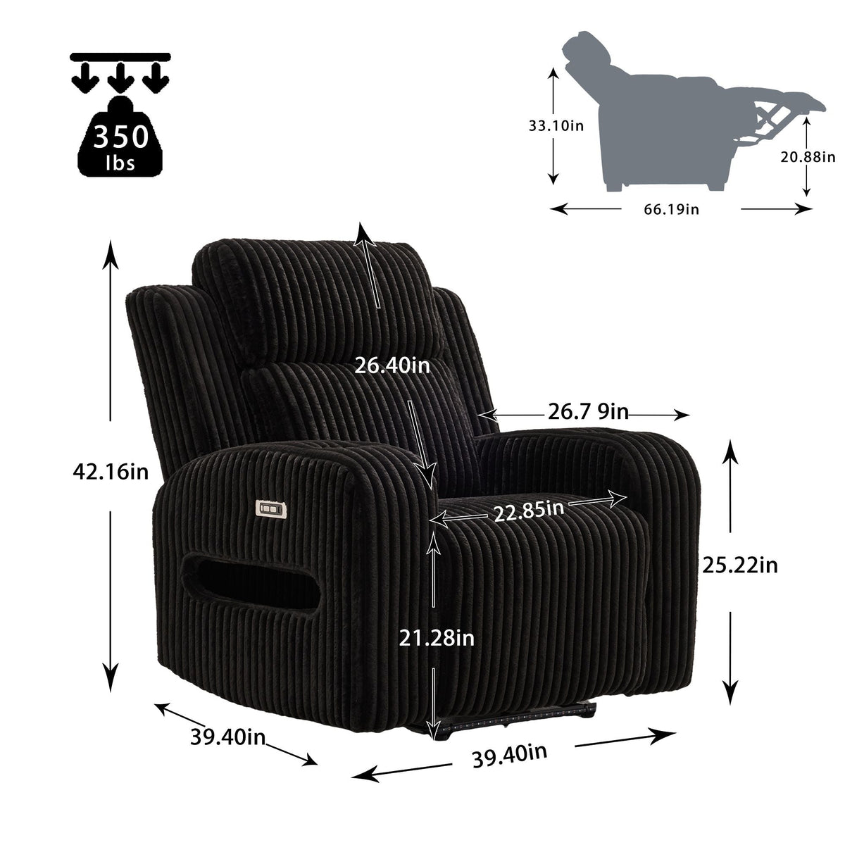 Power Recliner With Cup Holders And Ambient LED Lighting - Black Home Essentials
