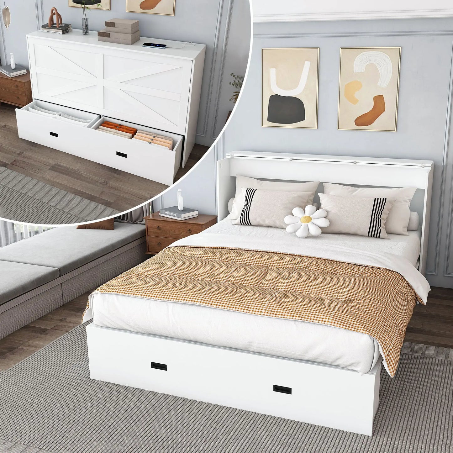 Murphy Bed With Storage Drawers And Charging Cabinet, Foldable Panels, Swivel Wheels Home Essentials