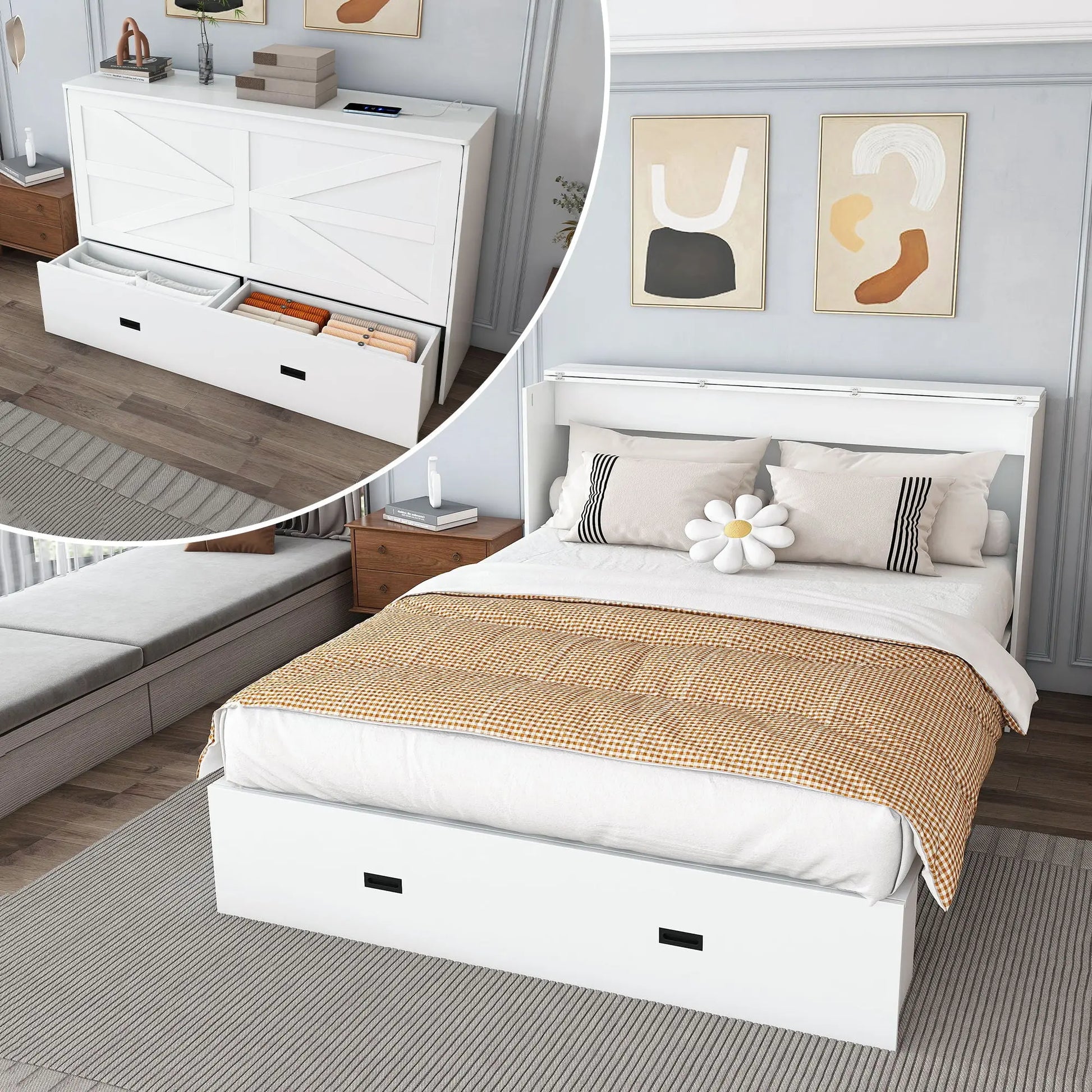 Murphy Bed With Storage Drawers And Charging Cabinet, Foldable Panels, Swivel Wheels Home Essentials