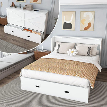 Murphy Bed With Storage Drawers And Charging Cabinet, Foldable Panels, Swivel Wheels Home Essentials