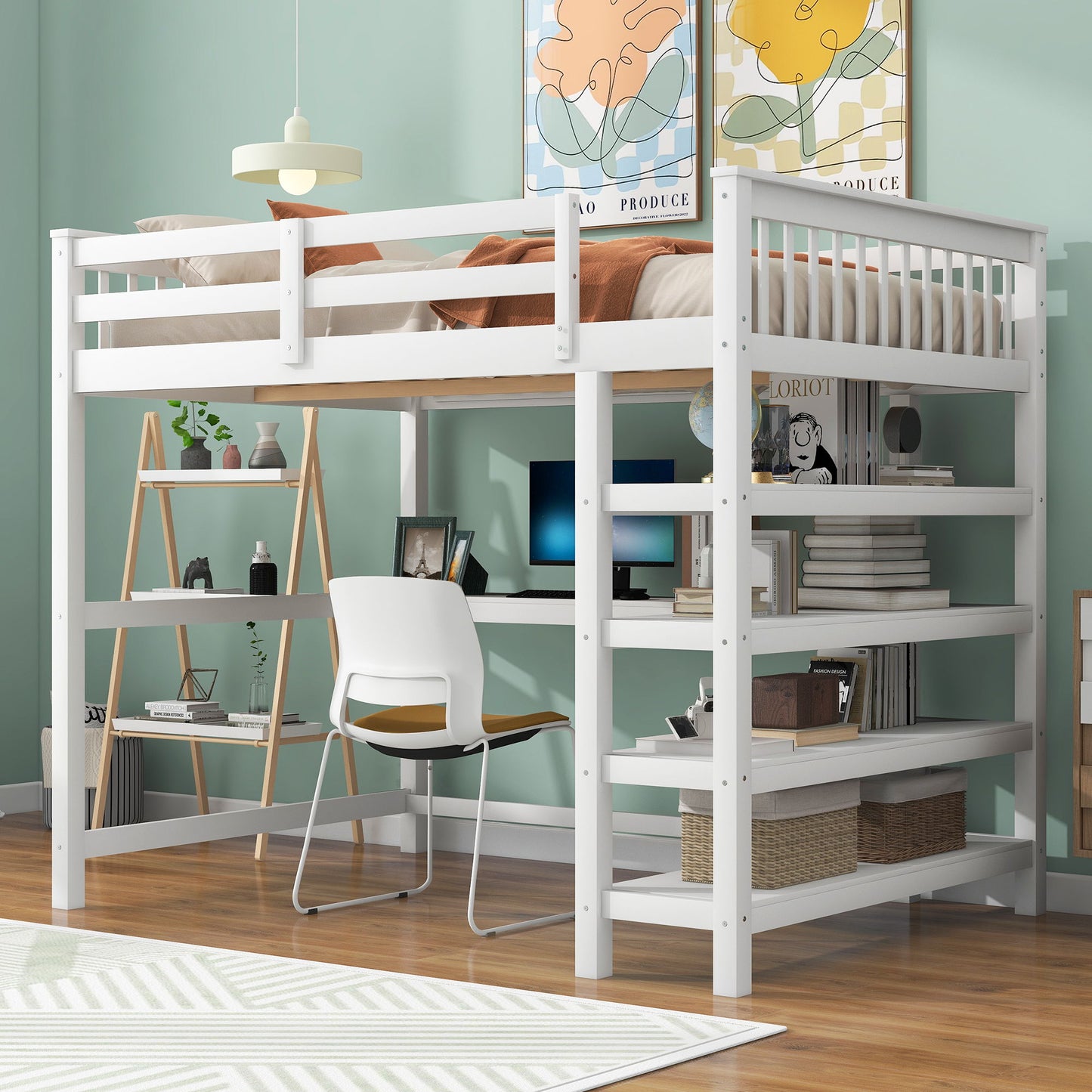 Loft Bed With Storage Shelves And Under Bed Desk Hearth and Haven