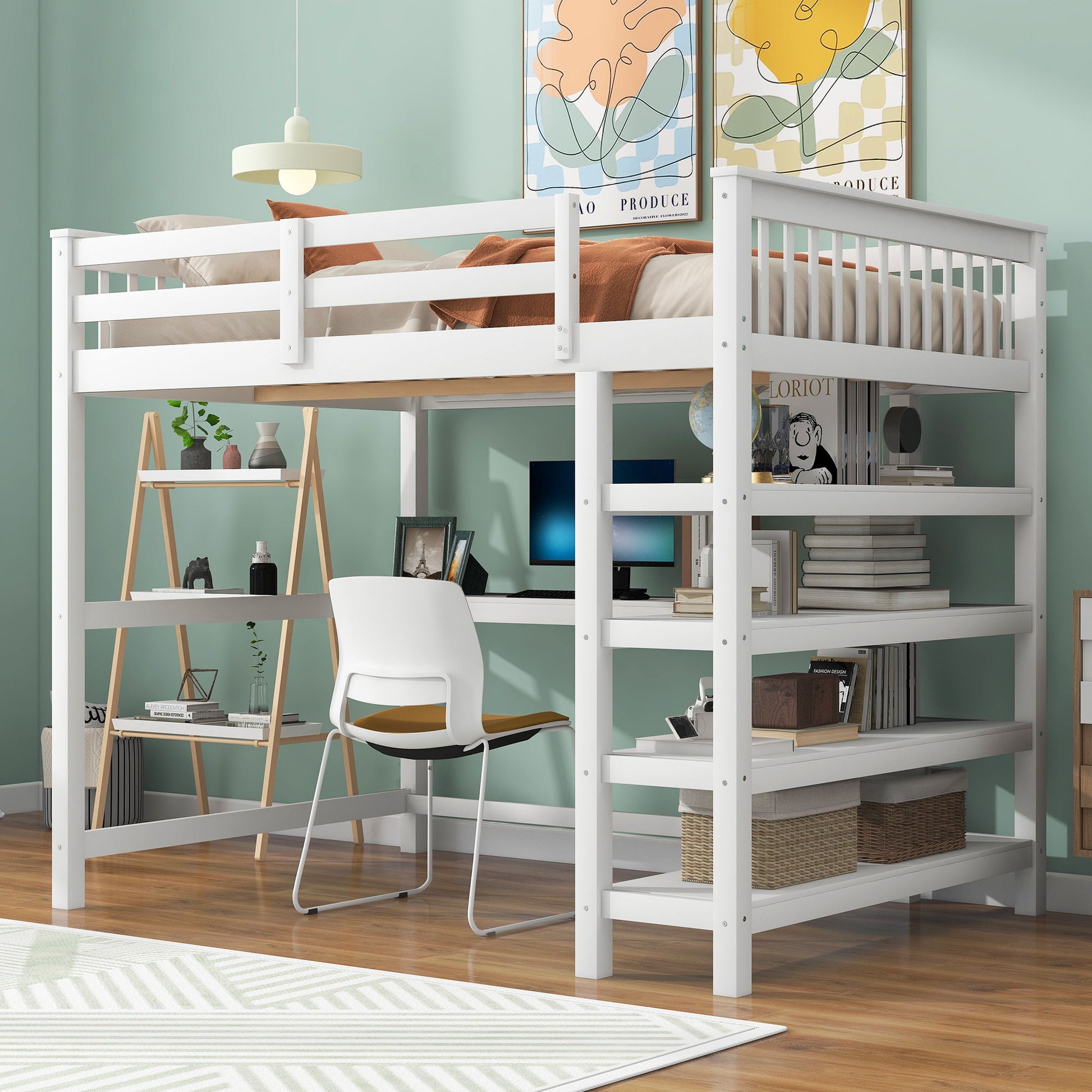 Loft Bed With Storage Shelves And Under Bed Desk Hearth and Haven
