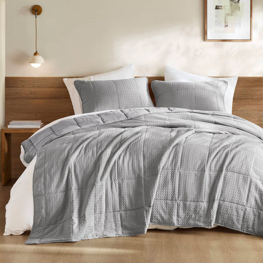 Mina - King/California King Waffle Weave Textured Quilt Set - Gray Super Listing