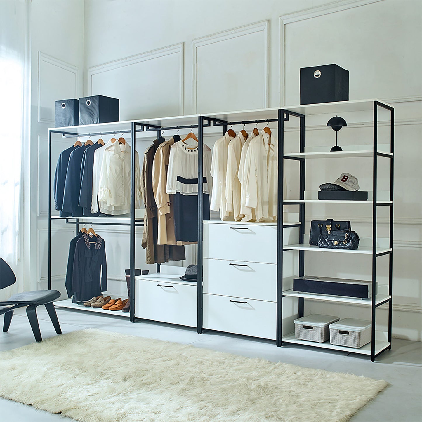 Fiona - Freestanding Walk In Wood Closet System & Metal Frame Durable Storage Solution Melamine - White Home Essentials
