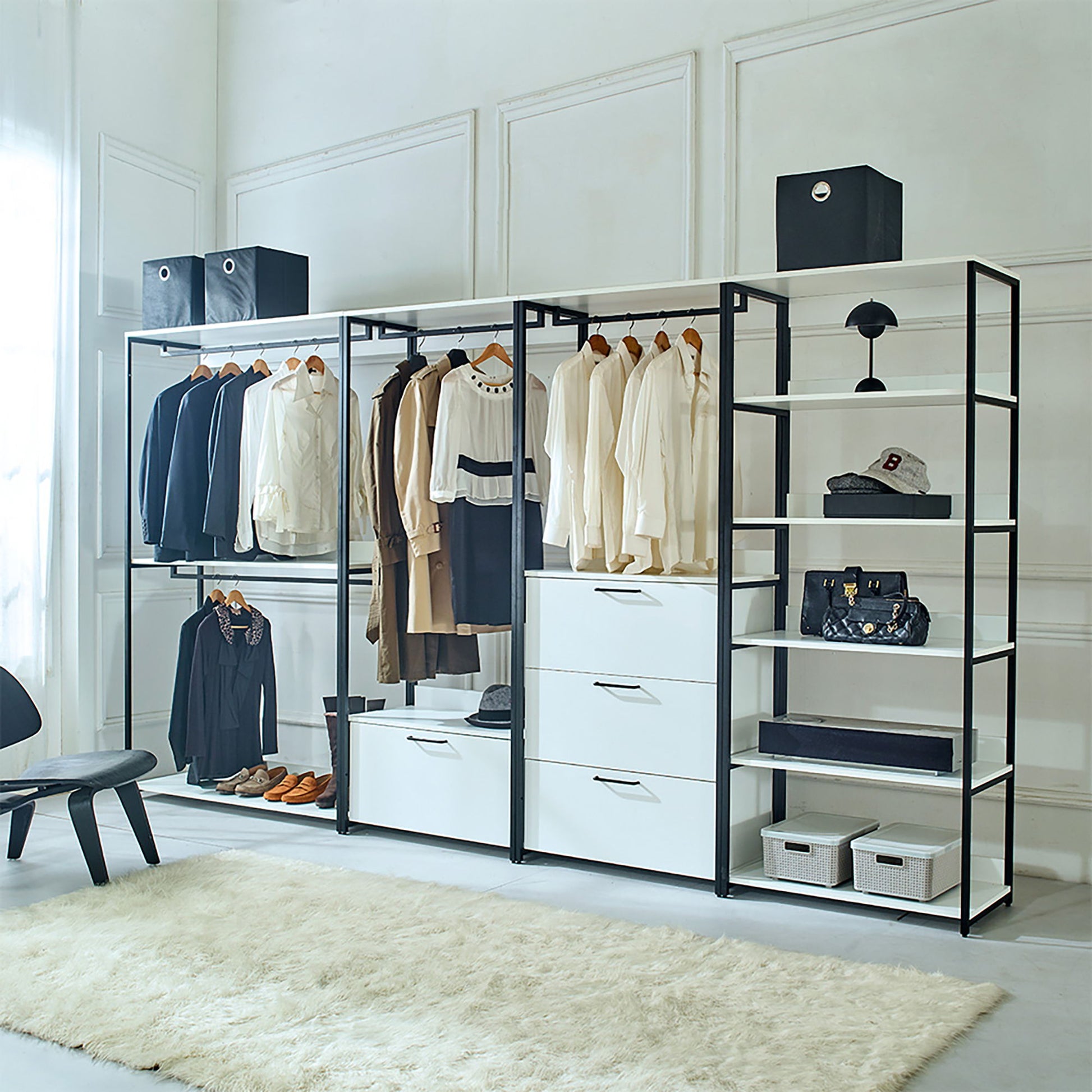 Fiona - Freestanding Walk In Wood Closet System & Metal Frame Durable Storage Solution Melamine - White Home Essentials