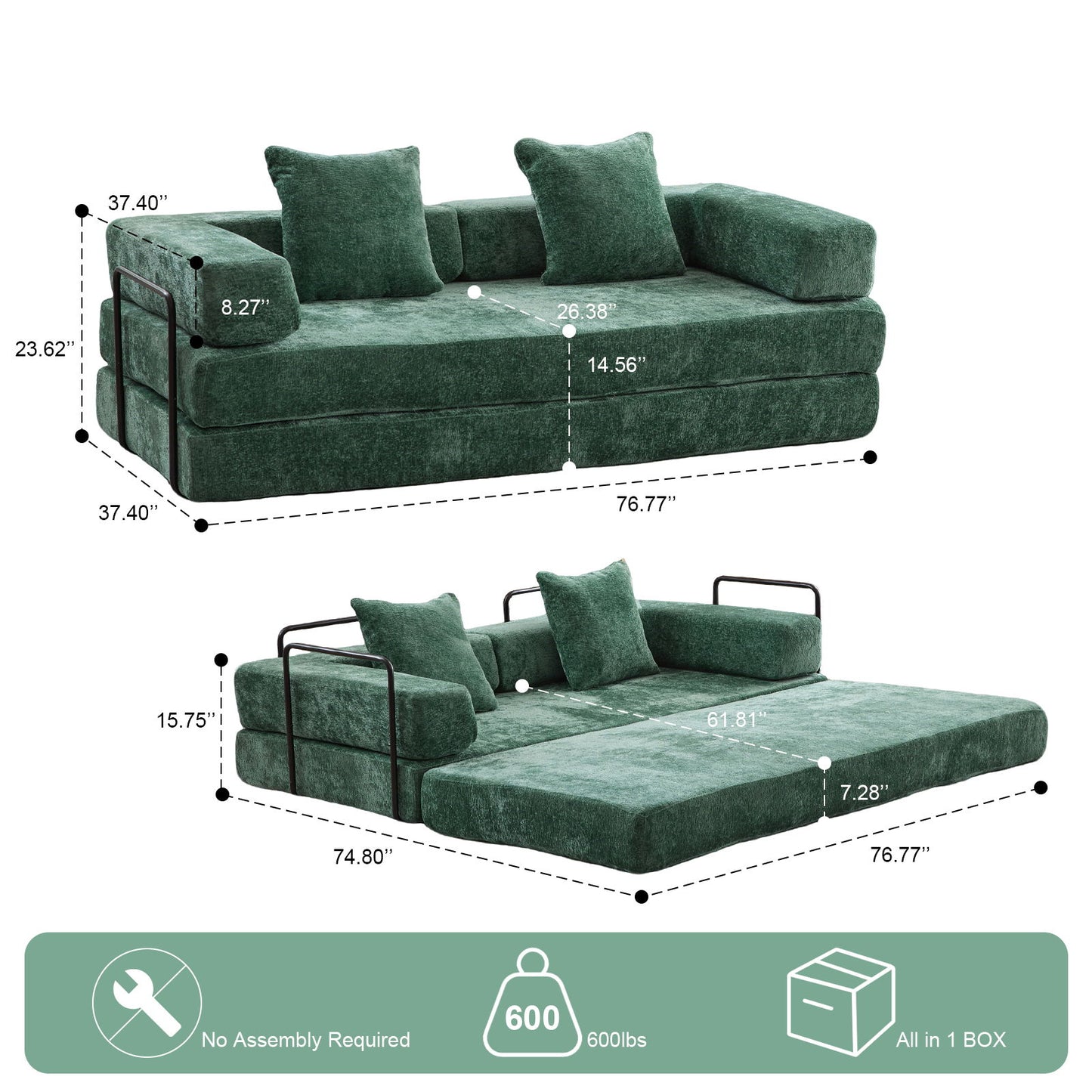 Convertible Floor Sofa Bed With Pillow Back Support Armrest Home Essentials