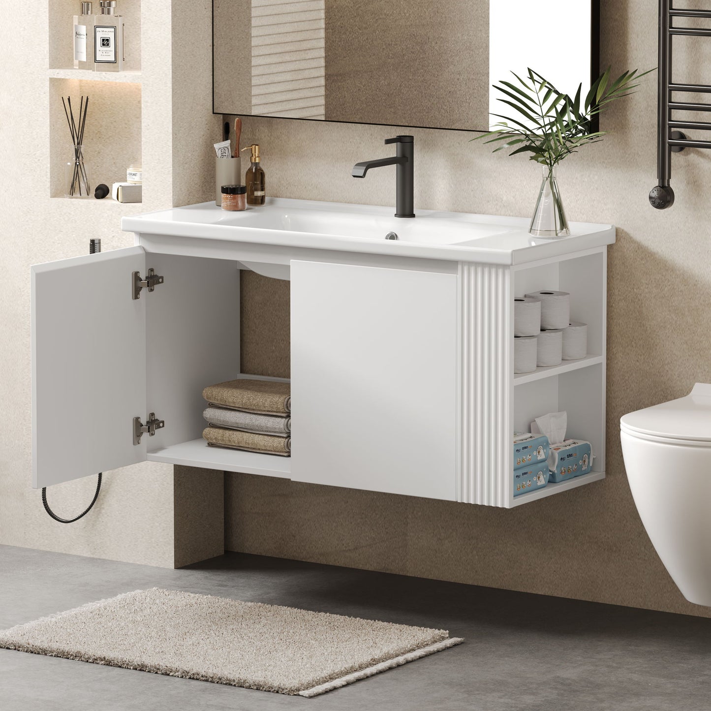 Wall Mounted Bathroom Vanity With Sink, 2 Open Shelves - White Noble House