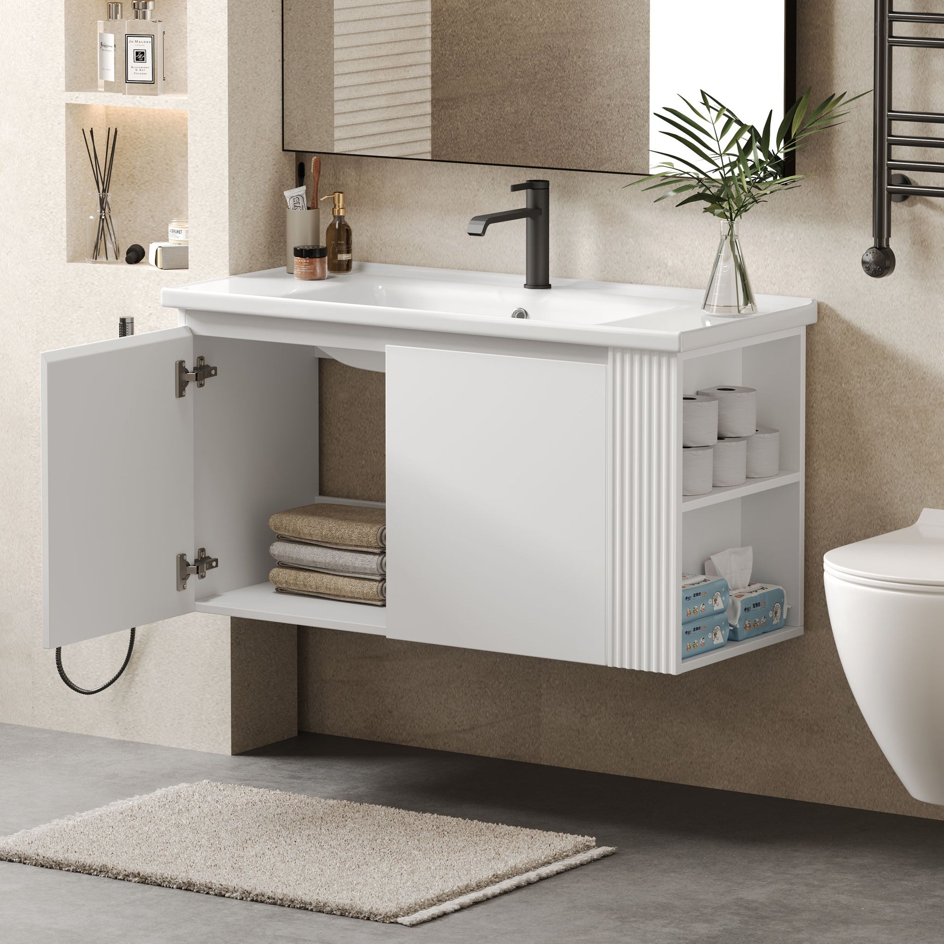 Wall Mounted Bathroom Vanity With Sink, 2 Open Shelves - White Noble House