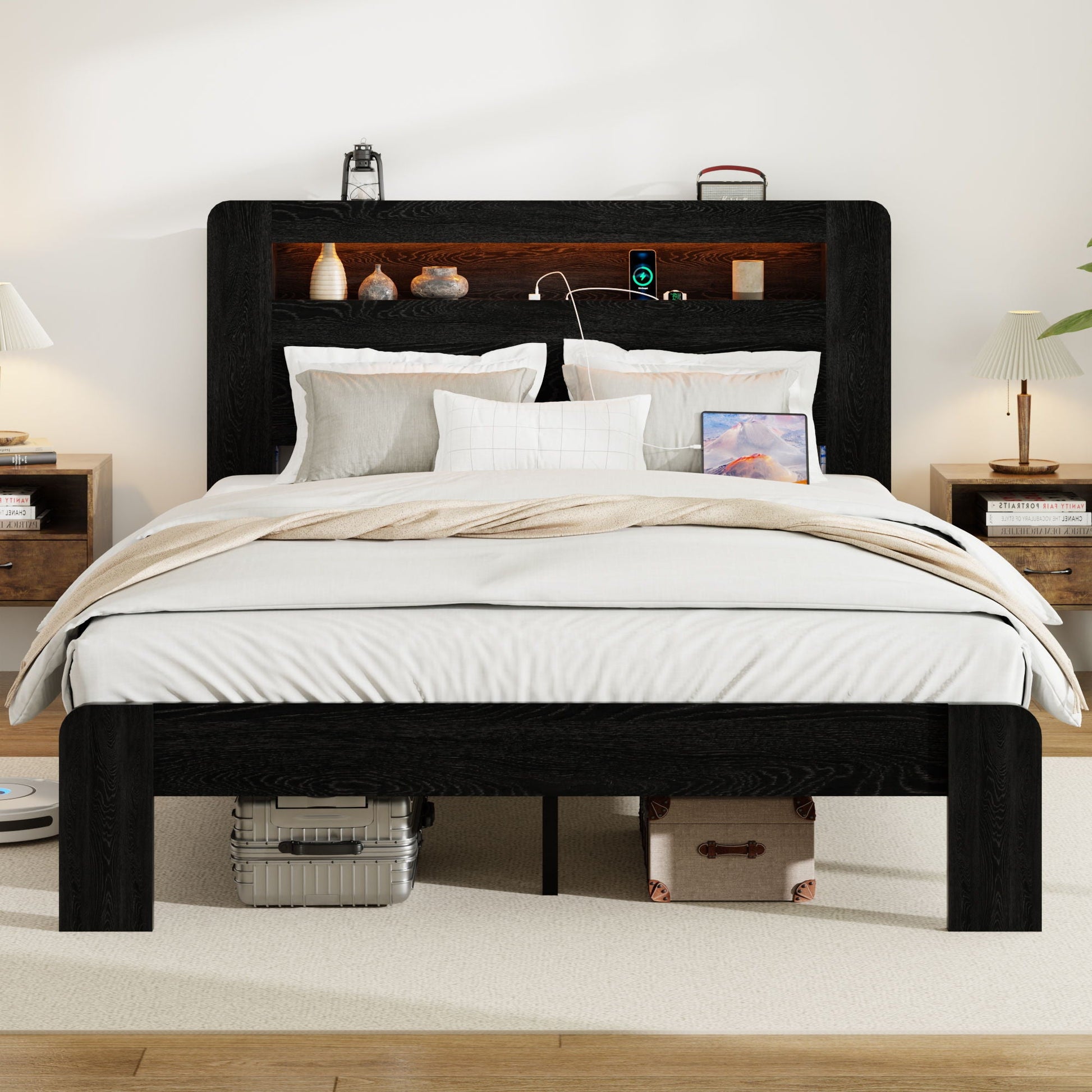 Wood Platform Bed Frame With Storage LED Light Headboard & USB Home Essentials