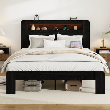 Wood Platform Bed Frame With Storage LED Light Headboard & USB Home Essentials