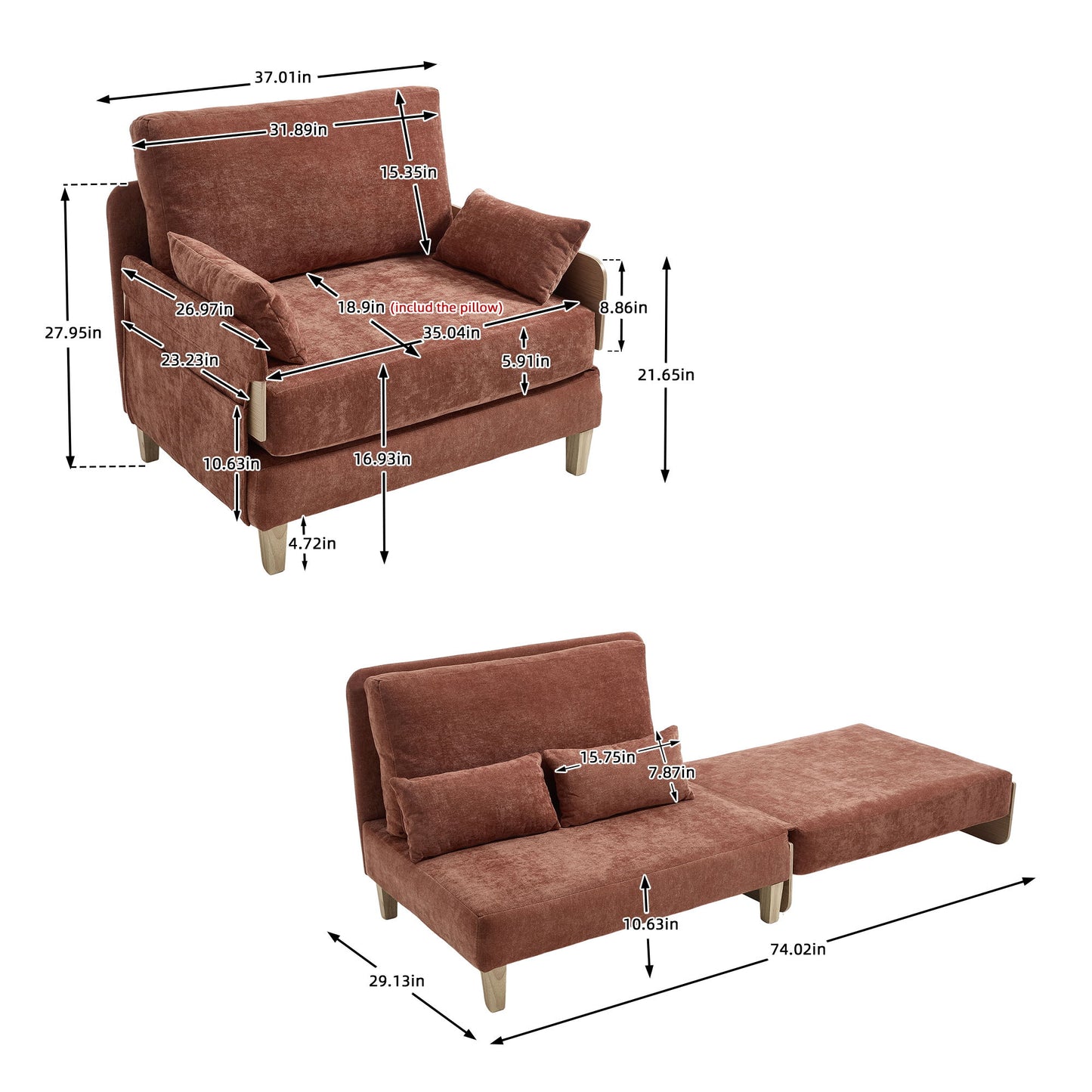 Mid Century Modern Foldable Sofa Bed, 3 In 1 Convertible Sleeper With 3 Pillows Home Essentials