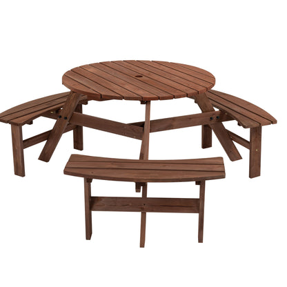 6 Person Circular Outdoor Wooden Picnic Table For Patio, Backyard, Garden, Diy With 3 Built-In Benches, 1720Lb Capacity