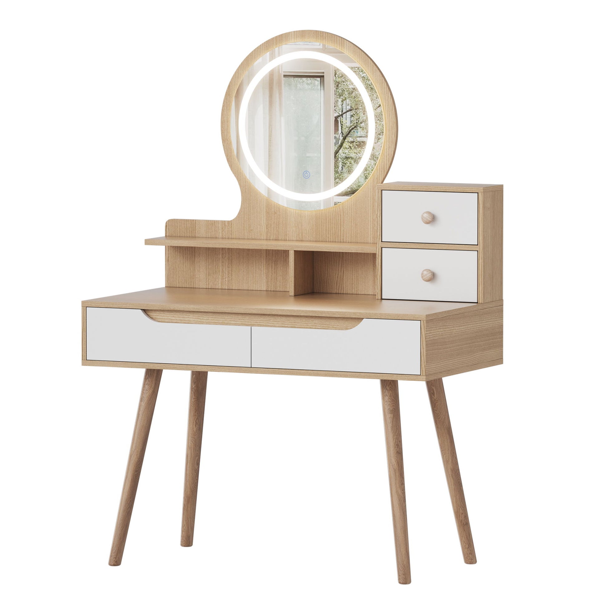 Elegant Makeup Vanity Desk With Adjustable Lighted Mirror Table Feet - American White Oak Home Essentials