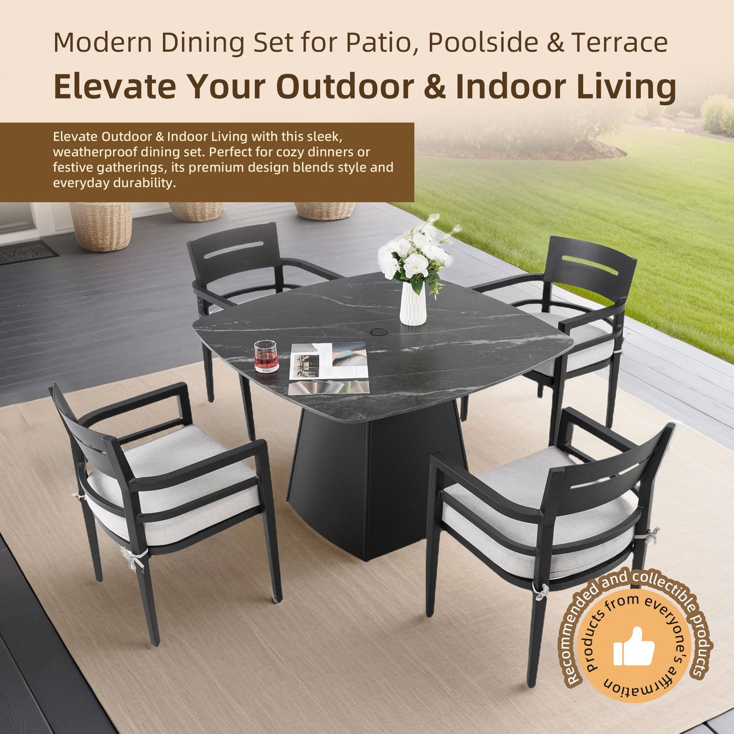 Outdoor Patio Dining Set, Squircle Dining Table, Dining Chairs With Sunbrella Cushions Life Outside
