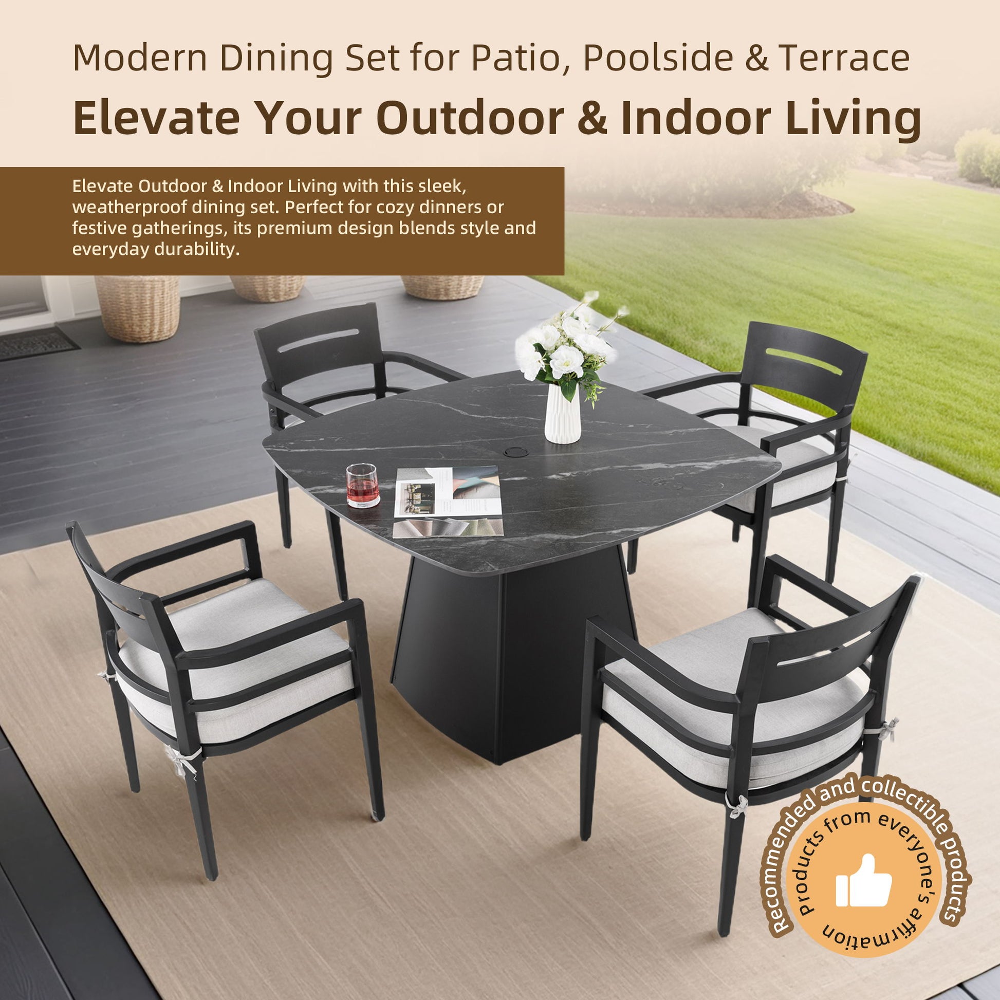 Outdoor Patio Dining Set, Squircle Dining Table, Dining Chairs With Sunbrella Cushions Life Outside
