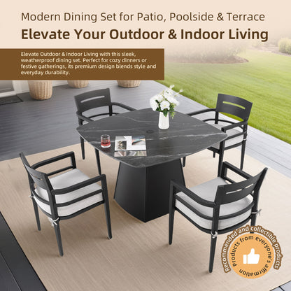 Outdoor Patio Dining Set, Squircle Dining Table, Dining Chairs With Sunbrella Cushions Life Outside