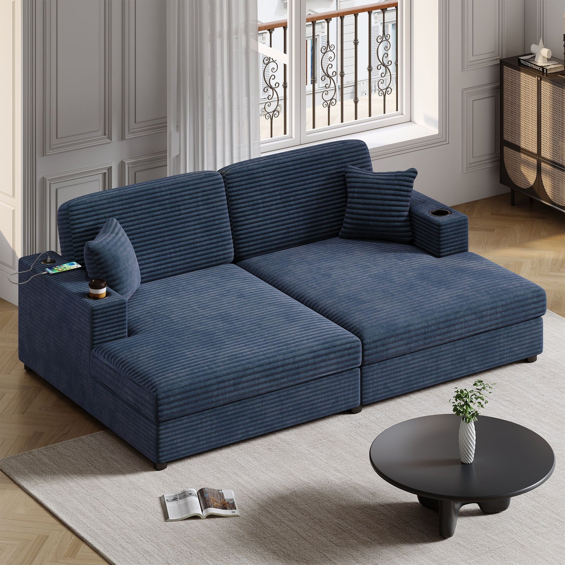 Oversized Loveseat Chaise With 2 USB Ports, 2 Cup Holders And 2 Throw Pillows Hearth and Haven