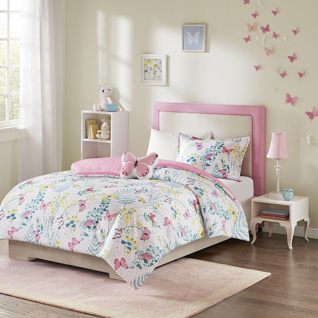 Cynthia - Twin Printed Butterfly Comforter Set - Pink