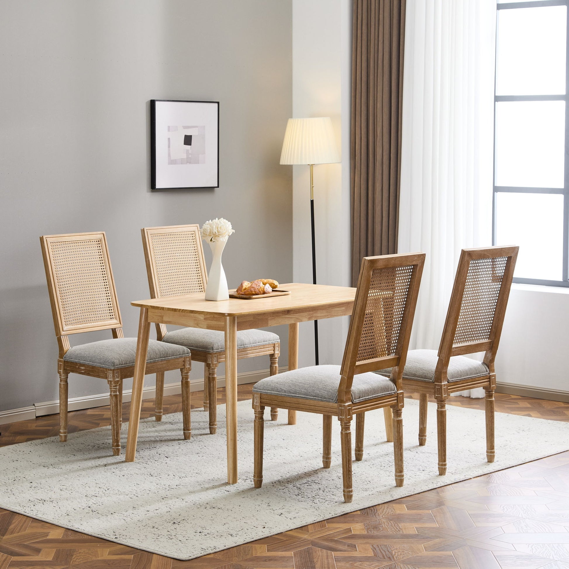French Country Dining Chair With Rectangular Cane Backrest And Smooth Upholstered Seating Noble House