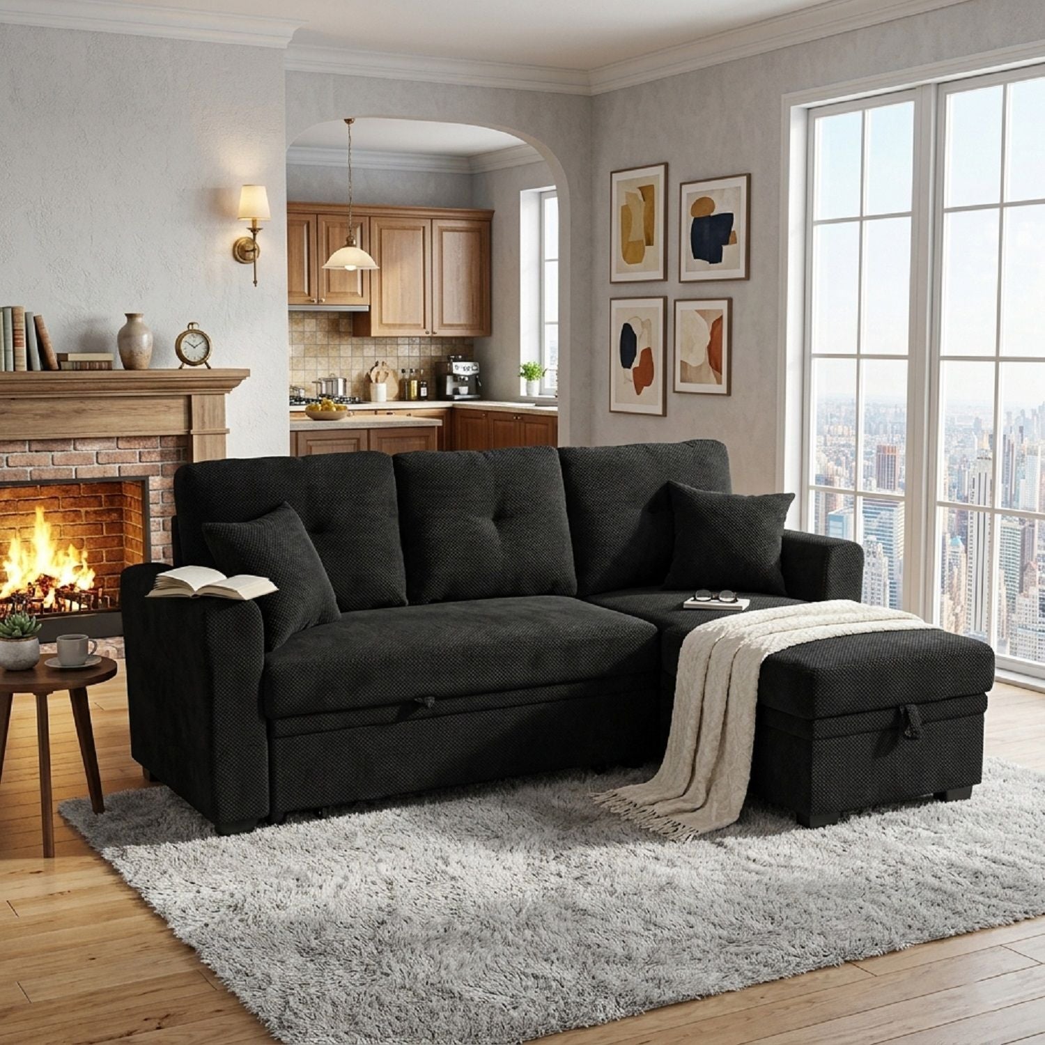 Sleeper Sectional With Pull Out Bed, Reversible Chaise Home Essentials