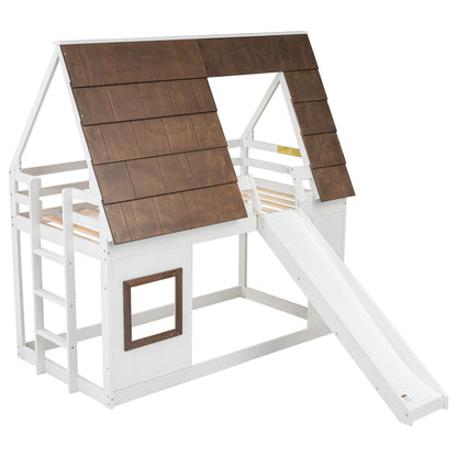 Wood Twin Size House Bunk Bed With Roof, Ladder And Slide - White / Brown Hearth and Haven