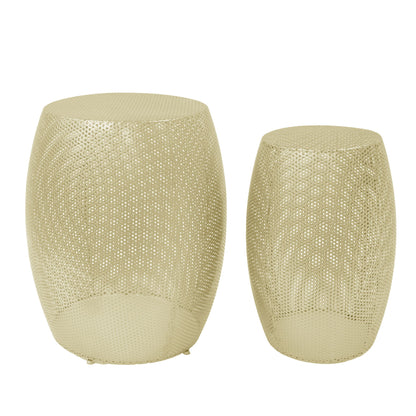 Modern Round Metal Hollow Side Table Set With Openwork Design - Gold Noble House