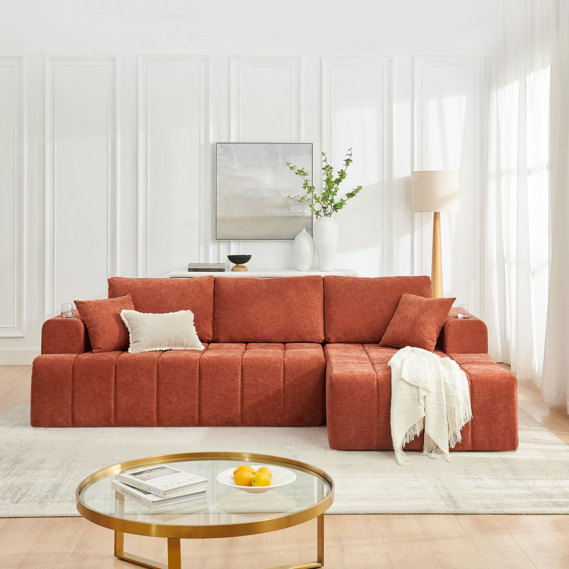 L - Shaped Sectional Sofa With Cup Holders & Side Pockets Home Essentials