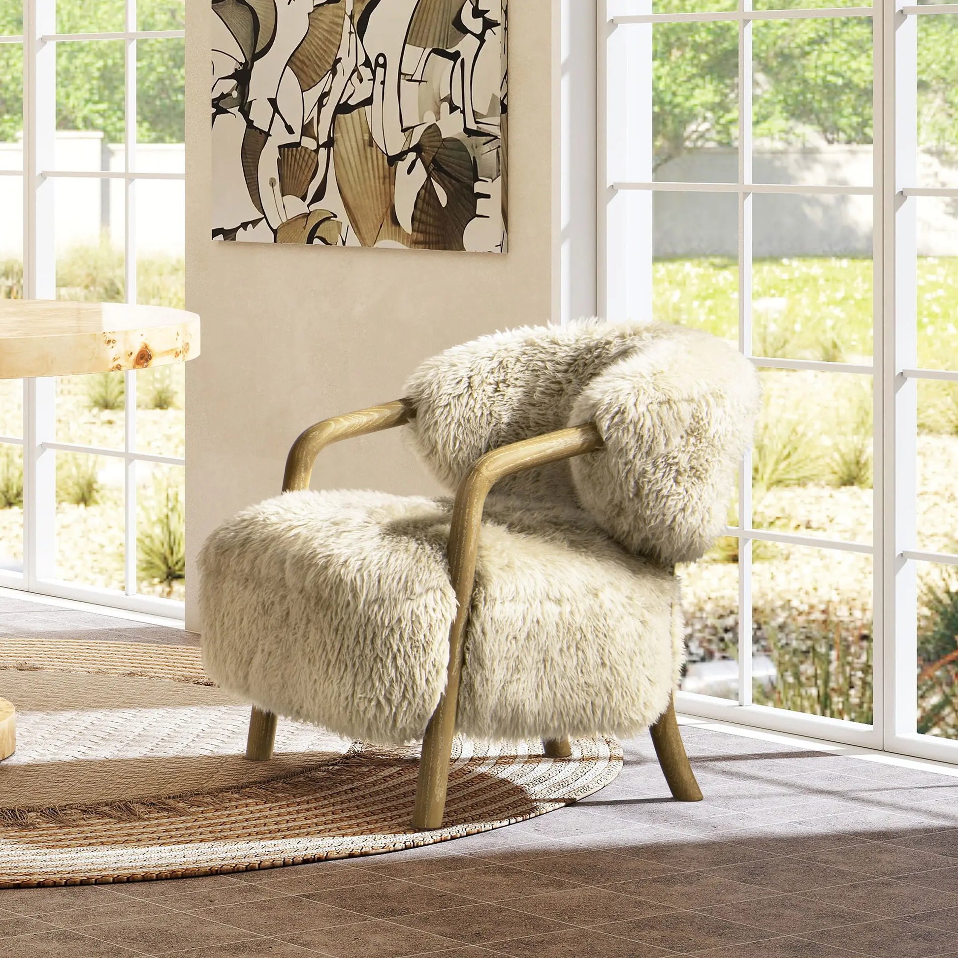 Becker - Rustic Oak Sheepskin Upholstered Accent Arm Chair - Taupe Beige Jennifer Taylor Home