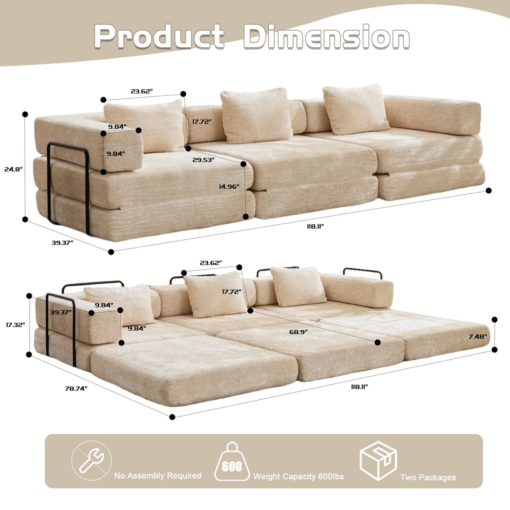 Convertible Floor Sofa Bed, Boneless Modular Sectional Sofa For Living Room Home Essentials