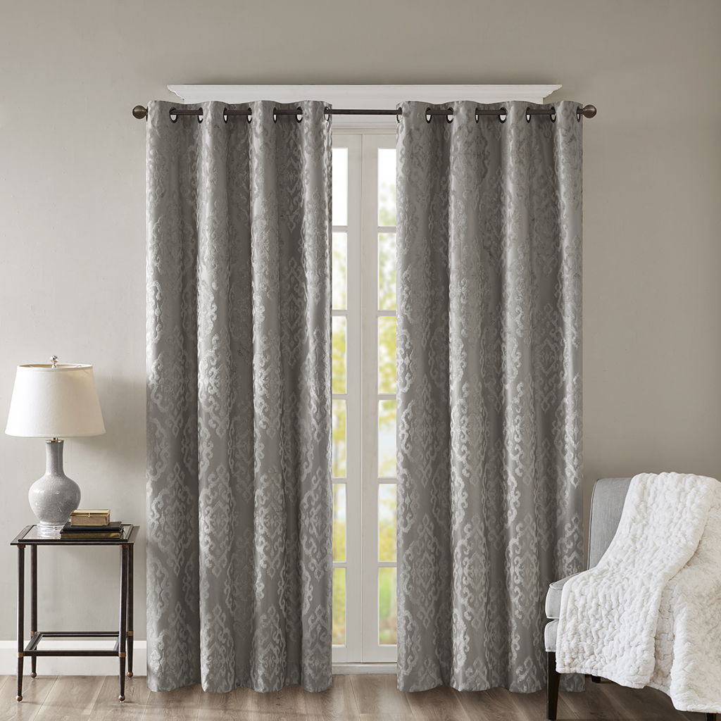 Mirage - 108" Knitted Damask Total Blackout Grommet Top Curtain Panel - Charcoal