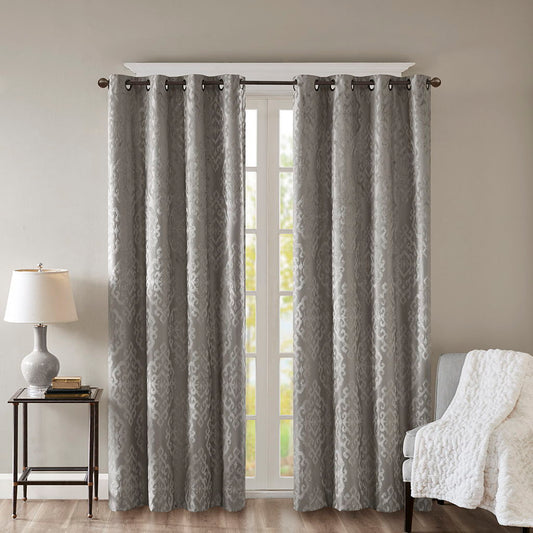 Mirage - 108" Knitted Damask Total Blackout Grommet Top Curtain Panel - Charcoal SunSmart