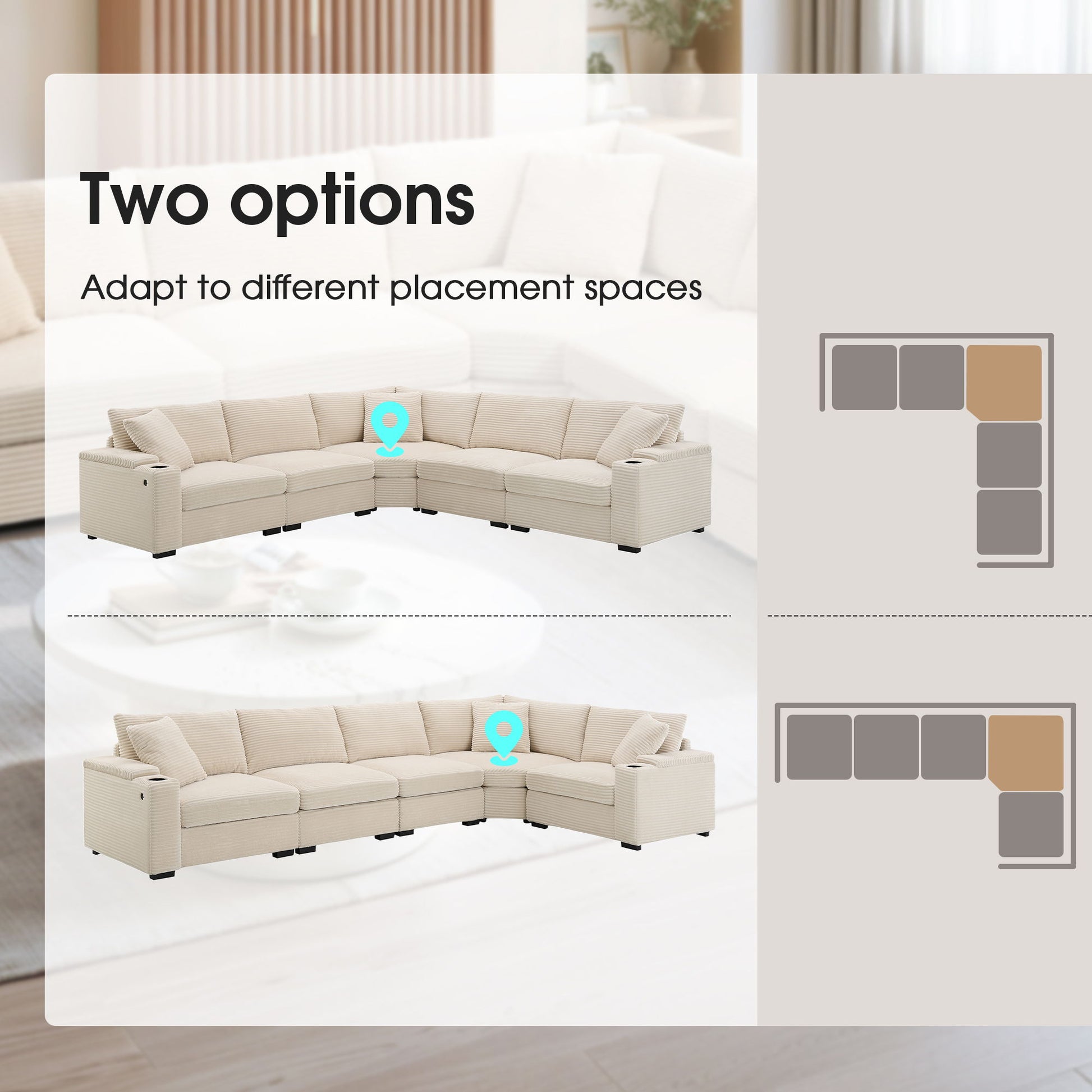 Convertible L Shaped Sectional Corner Couch With Armrest Storage Cup Holders USB Charger, Irregular Corner Oversized Comfy Modular Sofa Luxe & Co.
