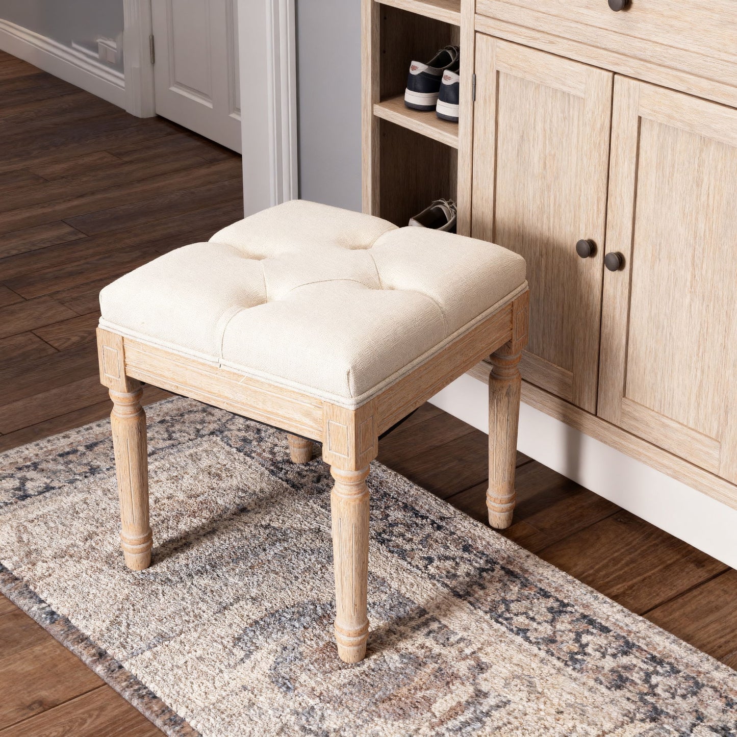 Small Padded Square Ottoman Bench For Living Room - Beige Home Essentials