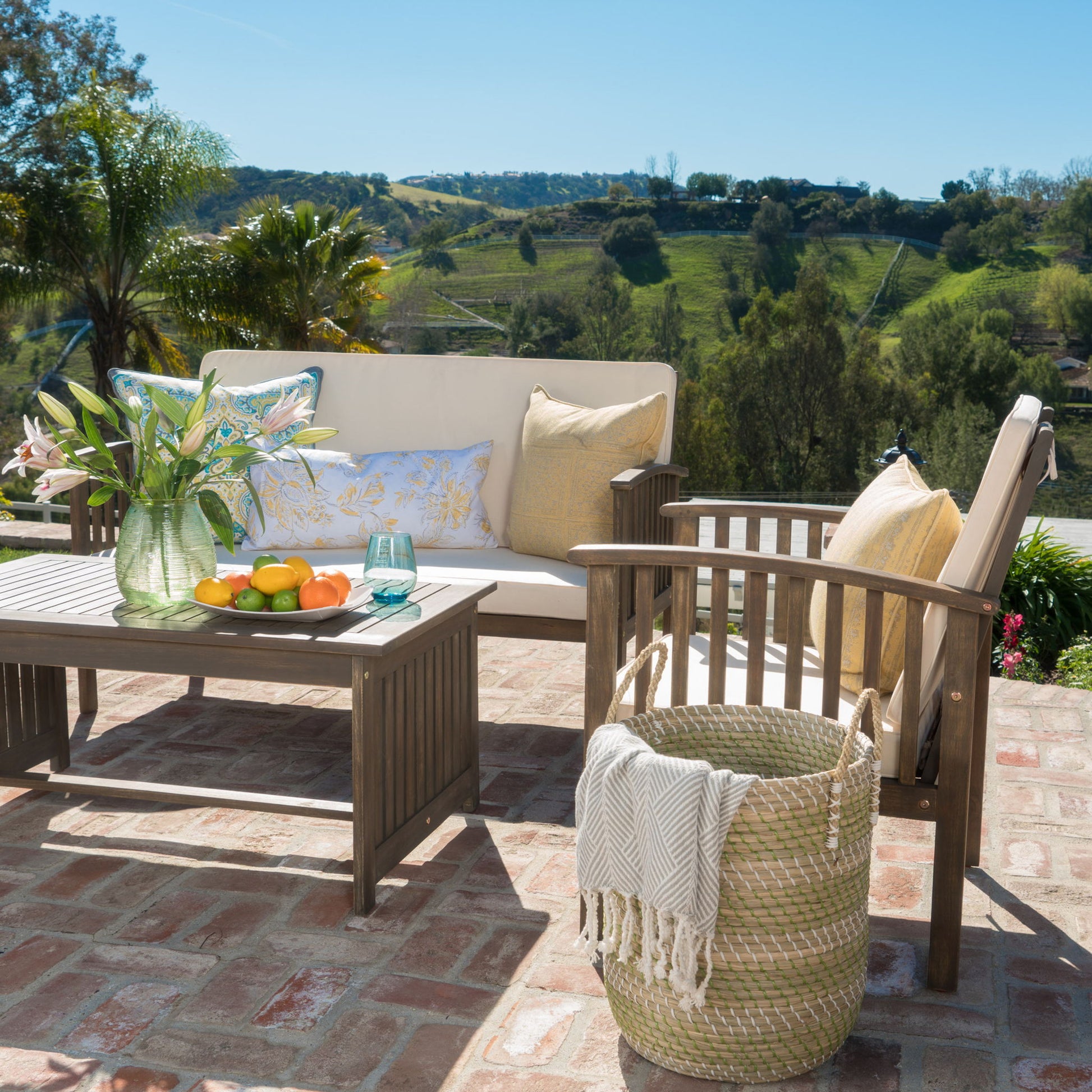 4 Piece Outdoor Chat Set With Water Resistant Cushion And Wood Frame - Cream / Gray Noble House