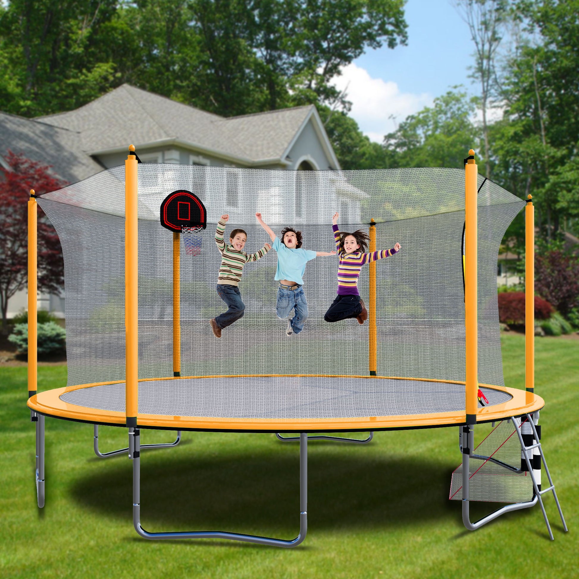 16Ft Trampoline With Basketball Hoop Pump And Ladder (Inner Safety Enclosure) With Soccer Goal Daily Nest